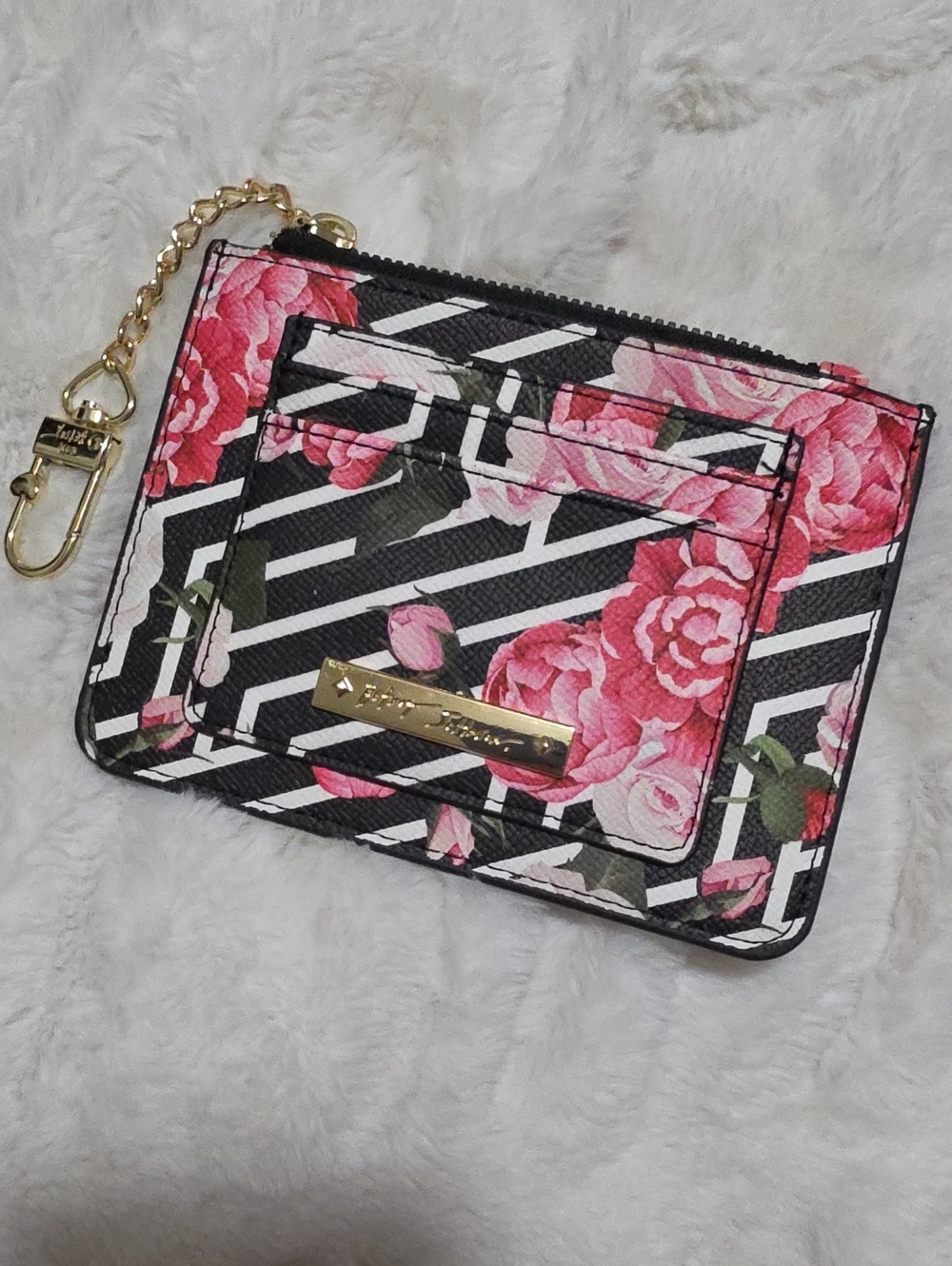 Betsy Johnson Floral Stripe Card Wallet with Keychain